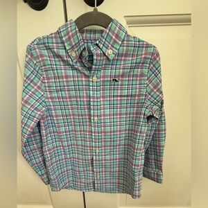 Vineyard Vines Kids Performance Plaid Button-Down Shirt in Aqua & Purple 3T